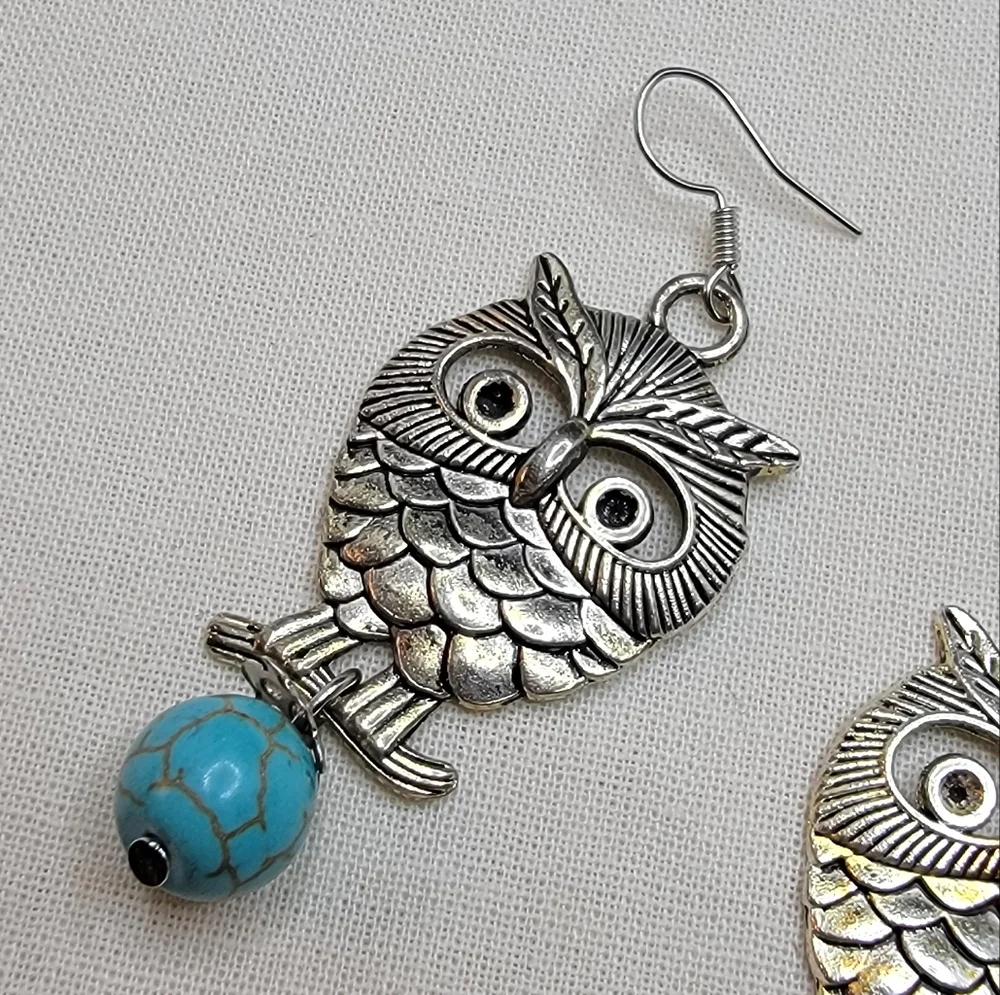 Turquoise Owl Earrings Silver Tone